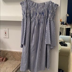Mini off shoulder blue and white stripe dress